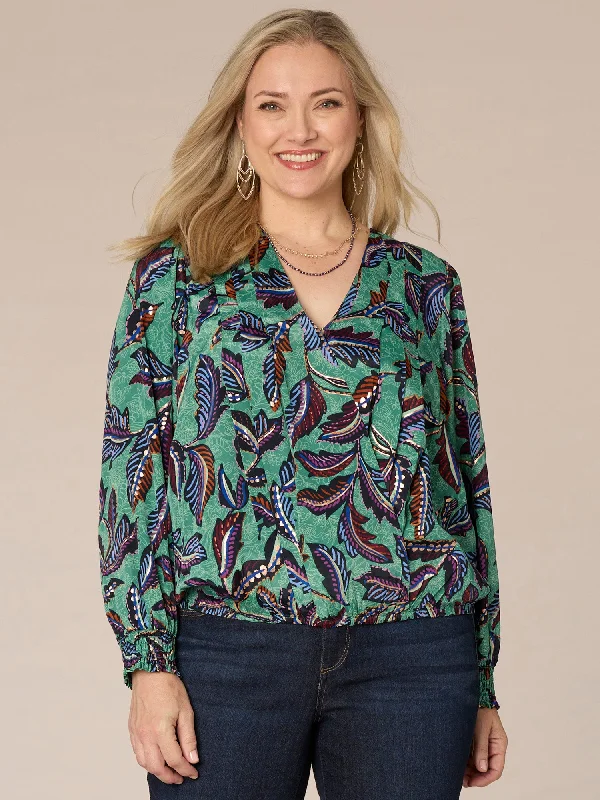 Long Smock Cuff Sleeve Overlap V-Neck Leaf Print Plus Size Woven Top Business